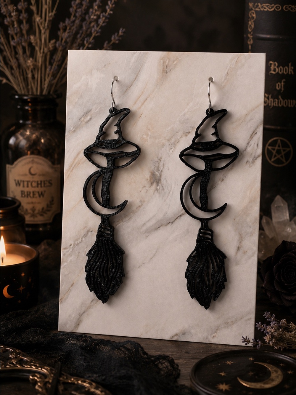 Black Witch Hat & Crescent Moon Dangle Earrings 3D Printed